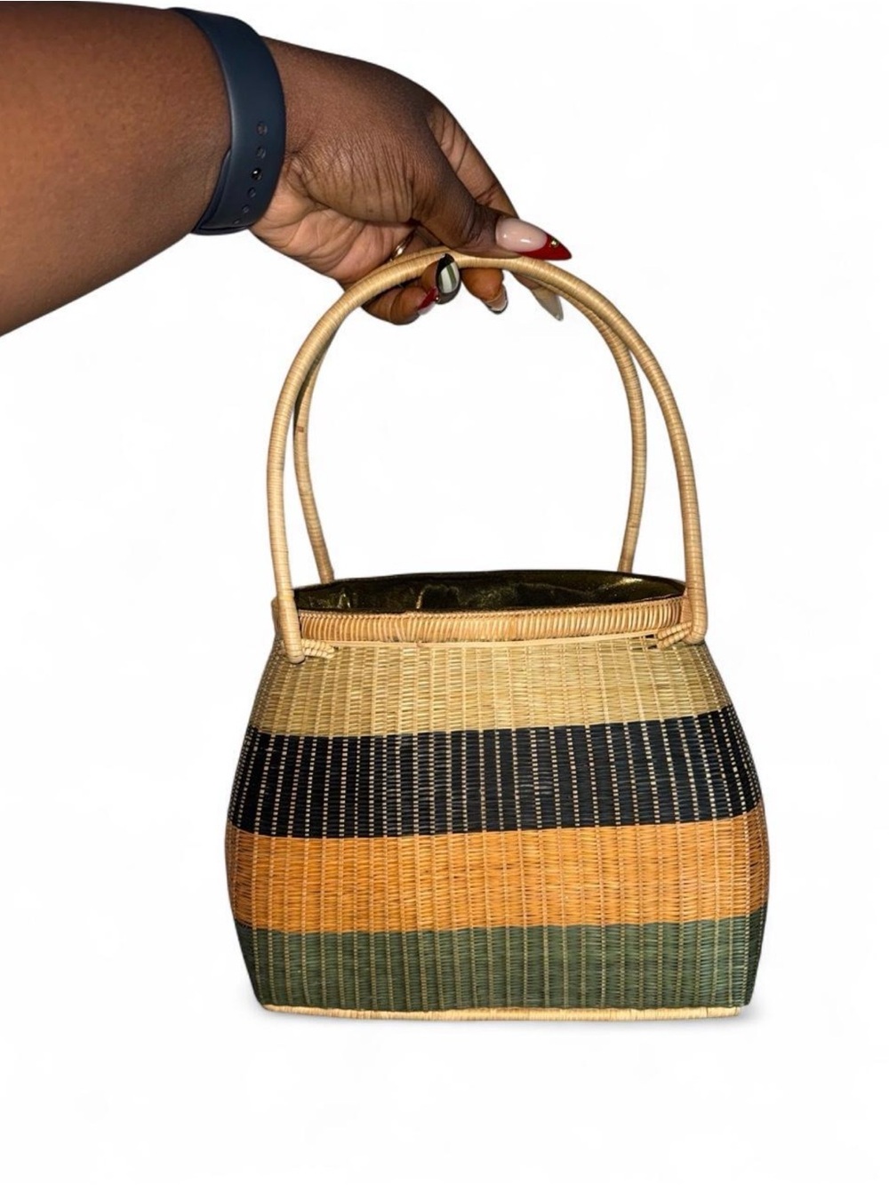 Handmade woven basket bag with horizontal stripes